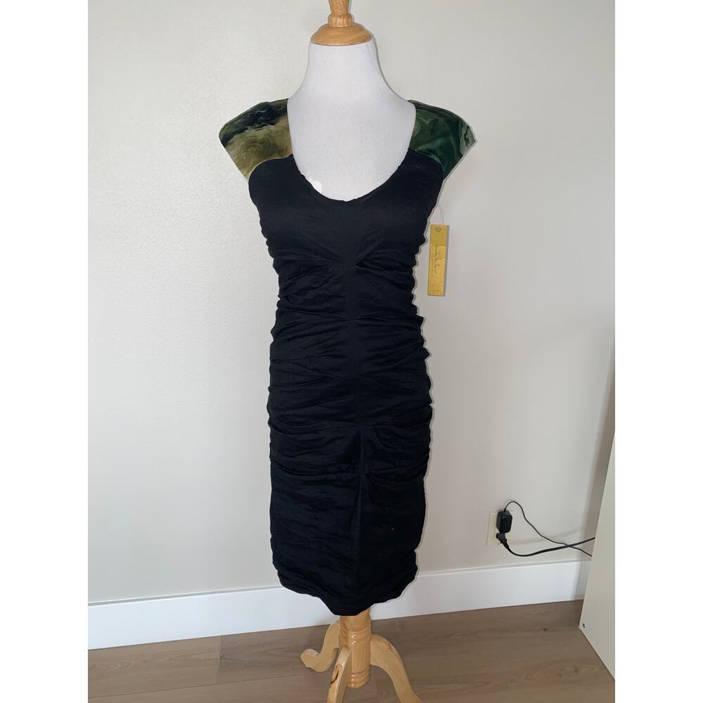 Nicole Miller Dress  Mesh Cut Out Back Ruching Black Size 6 NWT